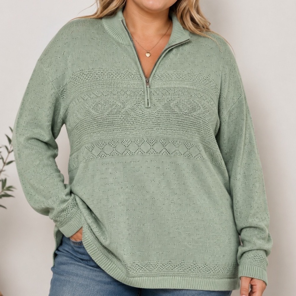 Croft&Barrow Quarter Zip Sweater Green Knit Pullover Cozy Casual Cotton Nordic